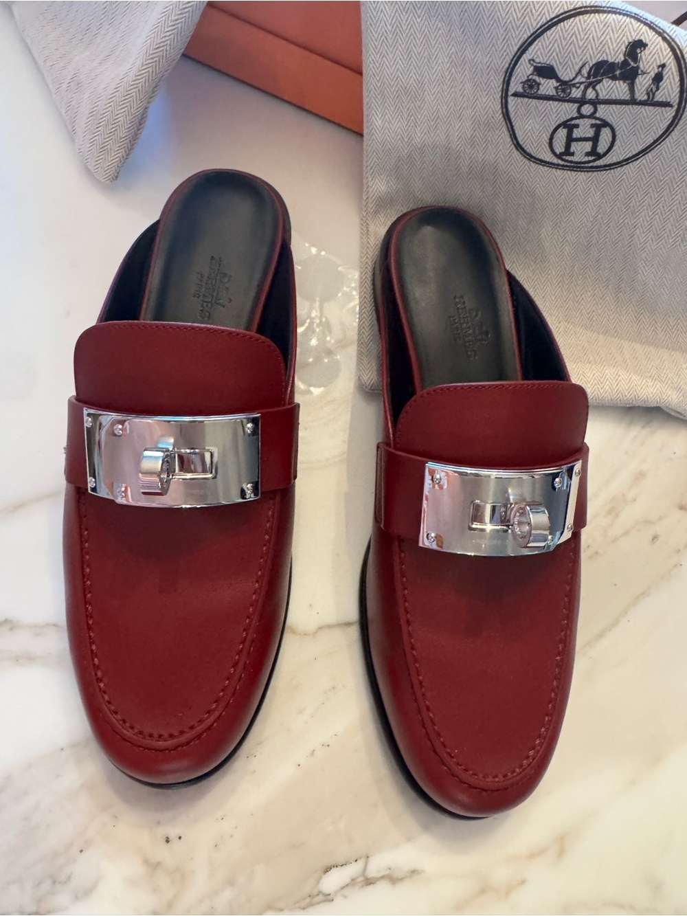 Hermes Red Leather Horsebit Mules